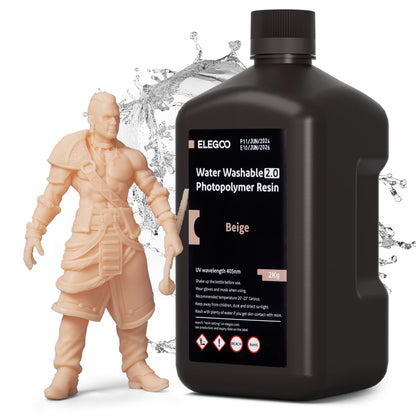 ELEGOO Resin Water Washable 2.0 2000g Beige, Low Shrinkage and High Durability 395-405 nm Fast Curing 3D Printer Water Washable Resin for MSLA/LCD/DLP Resin 3D Printers