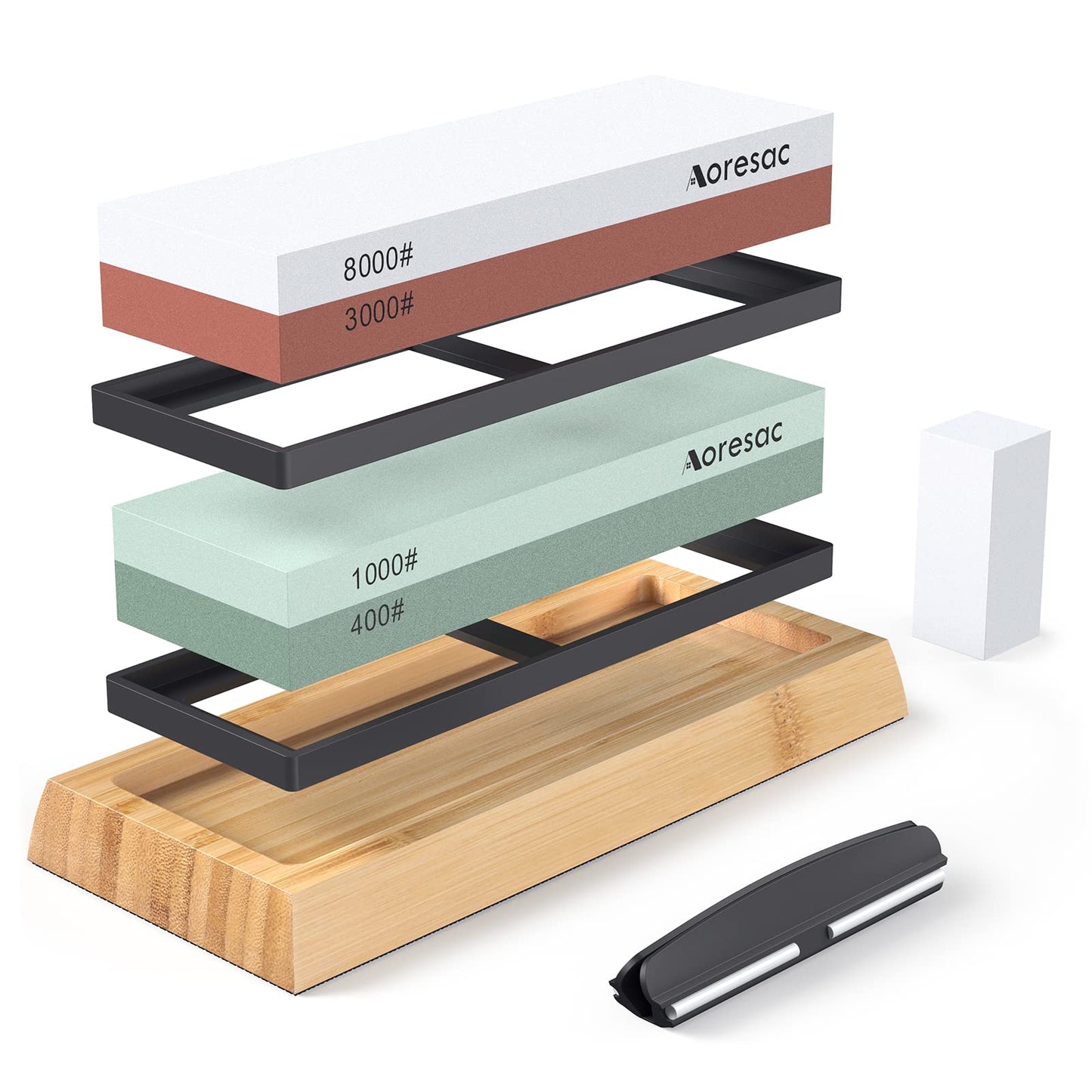 Aoresac Sharpening Stone Knife Set with Bamboo Base, includes sturdy sharpening stone and sharpening guide. Features 400/1000 and 3000/8000 double-sided sharpening stones.