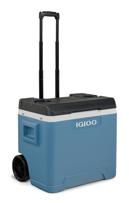 IGLOO IP42 Roller Passive Cooler 42 L, ice blue thermobox with wheels and telescopic handle, cooler for leisure, work, and camping.