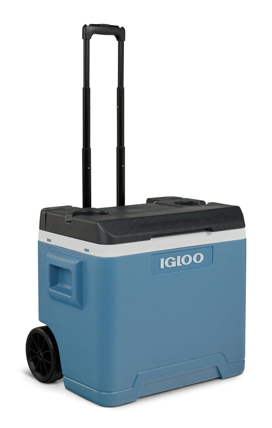 IGLOO IP42 Roller Passive Cooler 42 L, ice blue thermobox with wheels and telescopic handle, cooler for leisure, work, and camping.