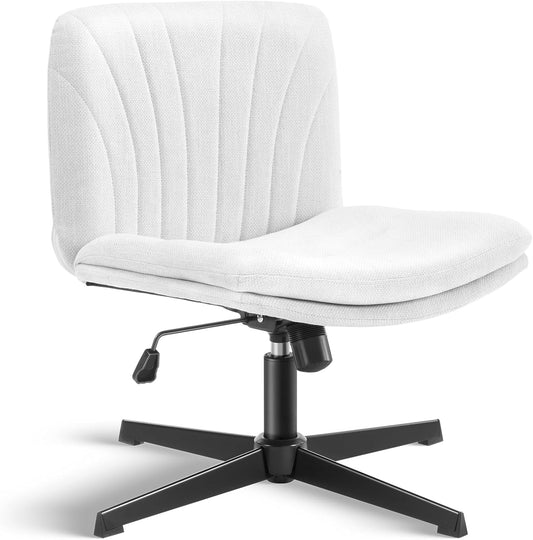 Office chair without armrests, height adjustable armless desk chair, rocking function, crossed comfortable swivel chair, ergonomic makeup chair, 360° tailor seat (White Linen)
