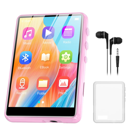 64GB MP3 player with Bluetooth 5.3, 2.4 inch full touchscreen, portable music player with HiFi lossless digital audio, speaker, FM radio, E-Book, supports up to 128GB. Available in pink.