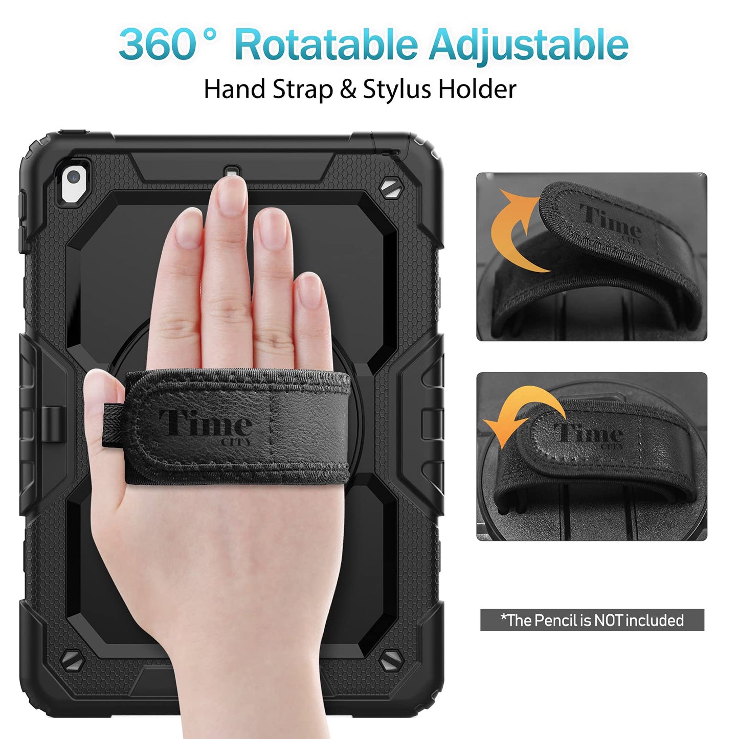 tmecity case for iPad 9/8/7th Gen, iPad 10.2 Inch Shockproof Rugged with Screen Protection 360° Rotatable Stand Hand Strap Shoulder Strap Pencil Holder for iPad 9th Gen-Black