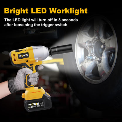 Mowis 700N.m professional 21V cordless impact wrench with 4.0Ah battery, 4800 RPM brushless motor, 3 variable speeds, 4 sockets for automotive and household use.