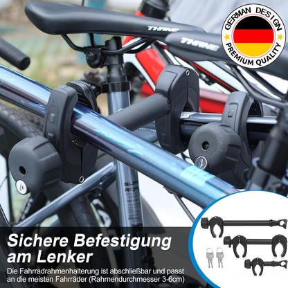 FINEW 3-piece frame holder for bicycle carrier hitch, 45cm + 32cm + 25cm Universal bicycle frame holder Lockable, frame holder for U-bolt tube: Ø 2.5-3cm - Powerful fixation (Patented)