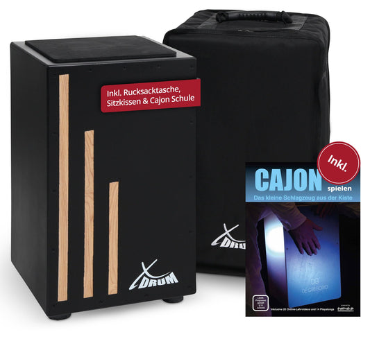 XDrum Cajon Primero Black - crate drum including backpack and school - drum box with snare sound - wooden drum box with gig bag