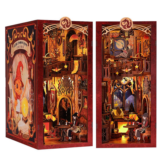 CUTEBEE Book Nook Kit with dust cover - DIY dollhouse miniature house kit with LED light, Booknook house model kits for adults to build (Flame Common Room)