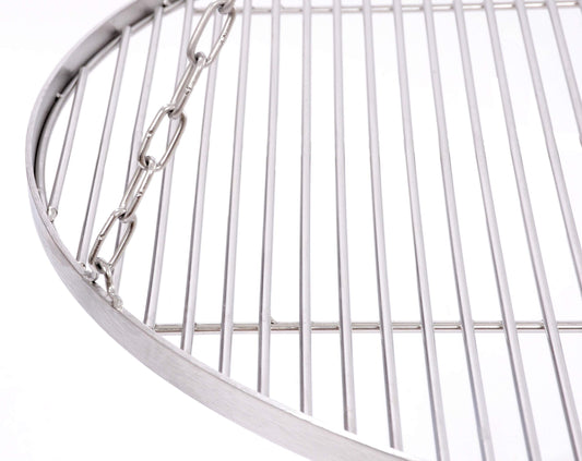 70 cm stainless steel grill grate for tripod swing grill, with chain and 14 mm rod spacing.