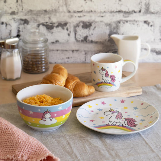 Greetings & Co. dinnerware set with unicorn design | Gift set with 1 mug, 1 plate, and 1 bowl, porcelain | Gift, start of school, kindergarten, children's birthday | 48842