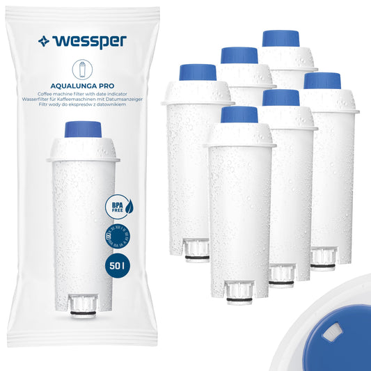 Wessper water filter cartridges for coffee machines, replacement filter for DeLonghi DLSC002, SER3017, ECAM, ESAM, ETAM, SECAM, Series S, filter cartridges for coffee makers - pack of 6