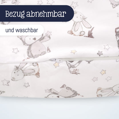 Julius Zöllner 4670016130 Breastfeeding pillow with bead filling, printed cotton, bunny and owl design, 190 cm