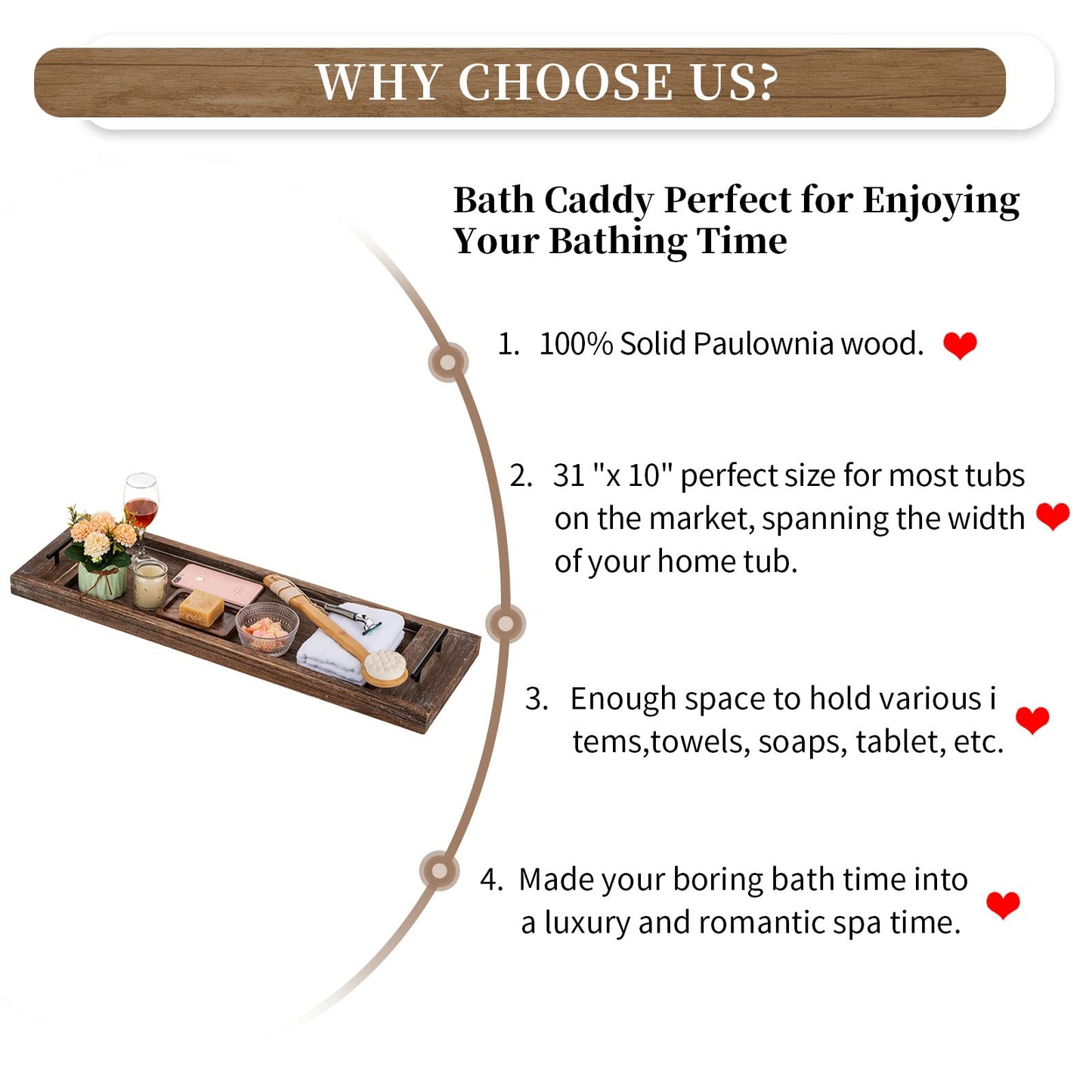 Hanobe Bathtub Tray Wooden Large: Rustic Bath Caddy Rectangular Extra Large Wood Tray Decor Bath Sofa Accessory Tray with Handle Bathtub Shelf for Tub 80cm.