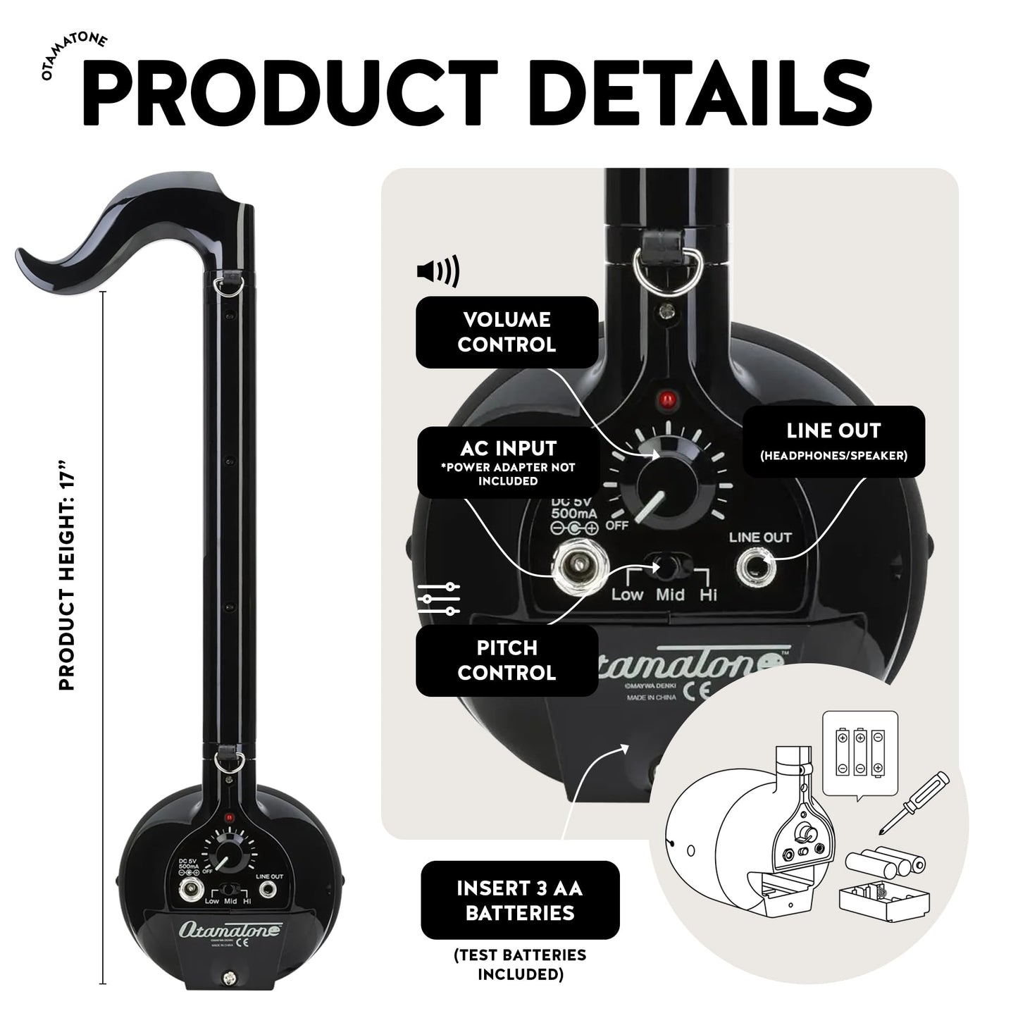 Otamatone Deluxe Black Electronic Music Instrument, Portable Digital Music Instruments Synthesizer, Kids Teens Adults, Fun Cool Birthday Christmas Gift Toy
