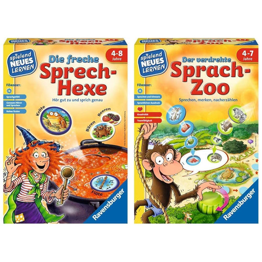 Ravensburger 24944 - The Cheeky Talking Witch & 24945 - The Twisted Language Zoo - Play and learn for children, educational game for kids aged 4-7, fun way to learn for 2-4 players.