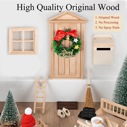 WVWMYM Elf Door Complete Set, Miniature Elf Accessories Christmas, Elf Door Set, Christmas Decoration Fairy Door for Kids Elf House, Christmas Tree Garland, Carpet, Miniature Garden Furniture (45 pieces)