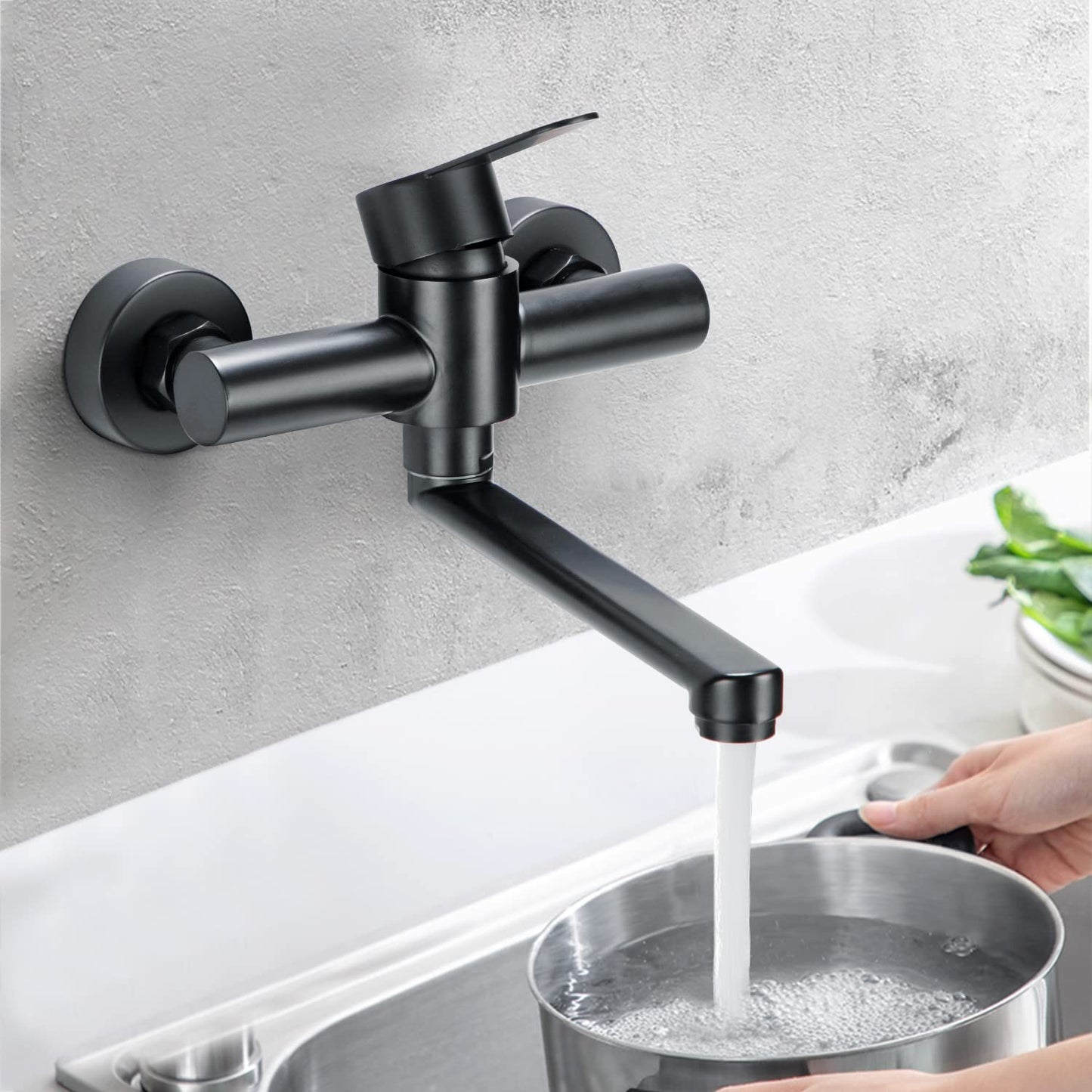 Wall-mounted faucet, 360° rotatable stainless steel kitchen faucet, hot and cold single lever mixer kitchen faucet, swivel arm 23cm, black.