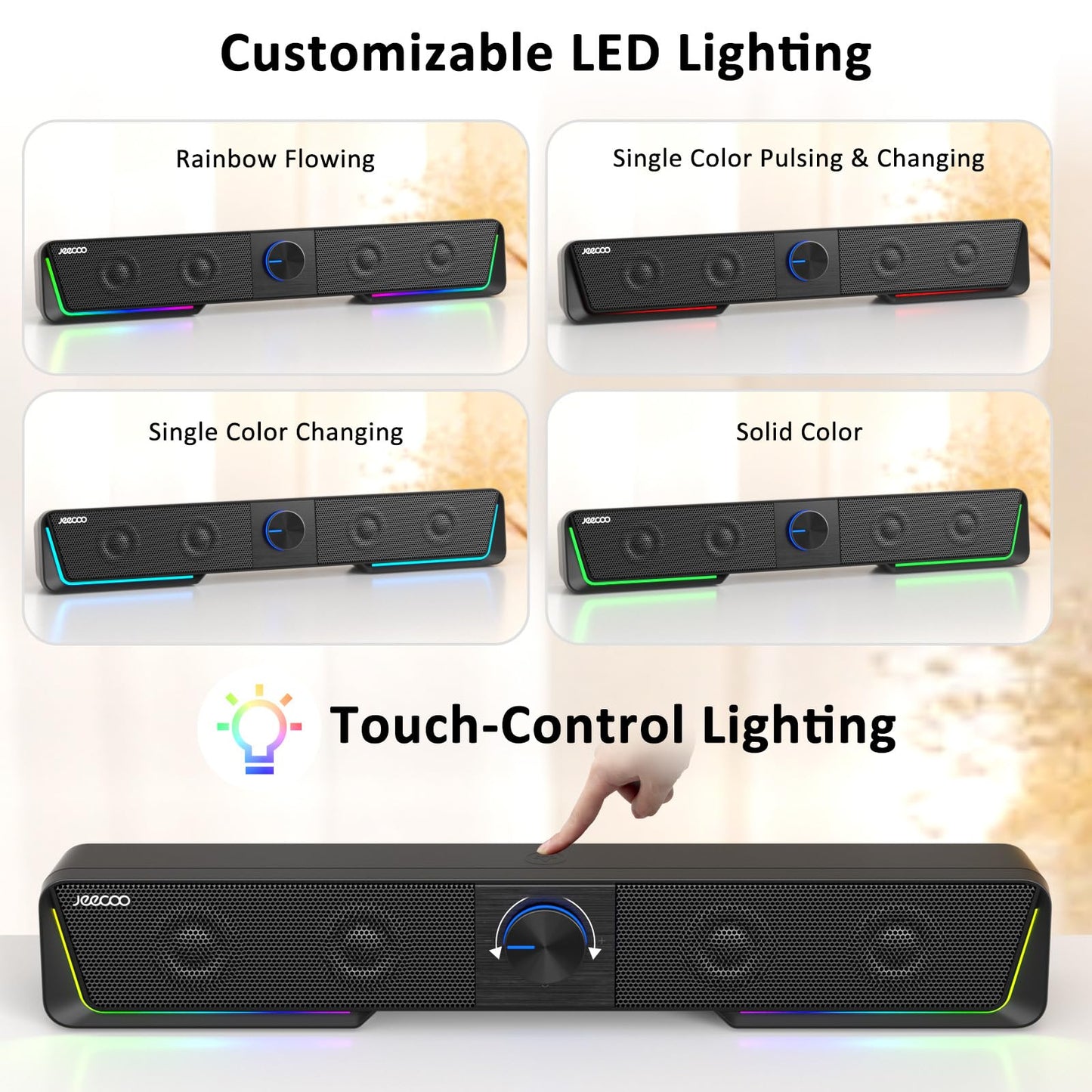 Jeecoo A40 PC speakers, portable computer speakers in black, 2.0 PC soundbar with USB operation and Bluetooth mode for smartphones and mobile devices, PC.