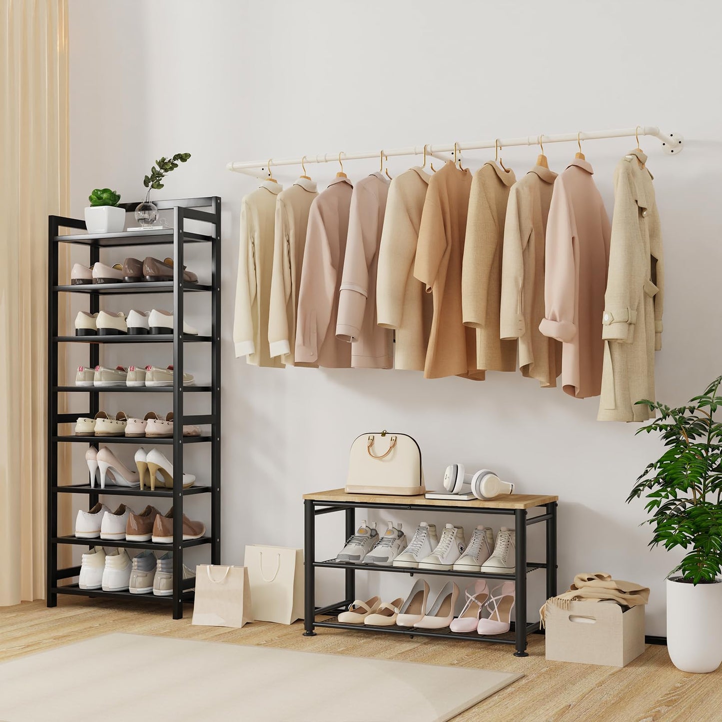 Yawinhe industrial pipe clothing racks, 180cm wall-mounted clothes hangers, space-saving wall shelf kitchen rack with 3 bases, for business, cream color, 2-pack, YMG004W-2.