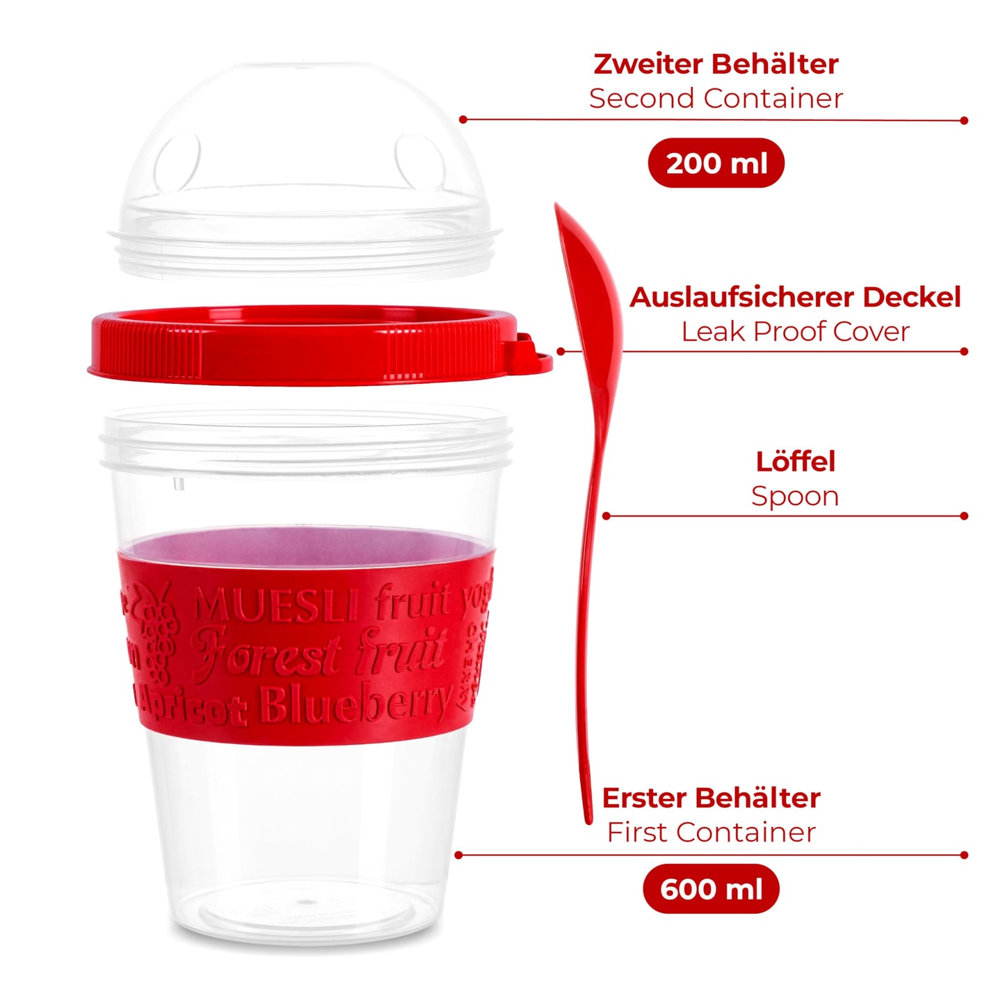 spar-home® 4-piece set yogurt cups To Go 600ml - muesli cup To Go with spoon Muesli To Go cup with lid for yogurt muesli eating on the go office school (4-piece set)