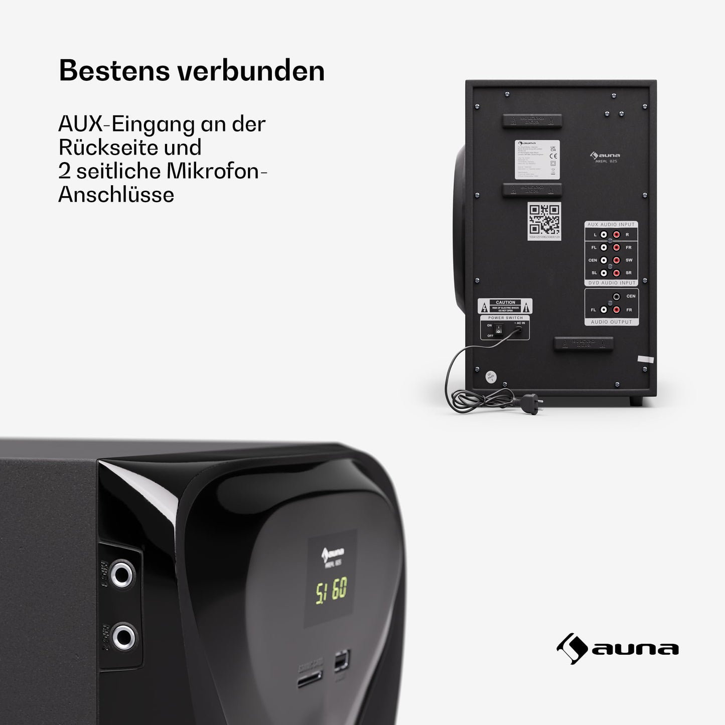 auna Areal 825 5.1 wireless sound system with Bluetooth, 100W subwoofer, and RGB lighting - USB/SD ports, AUX and optical input, home theater speakers with remote control.