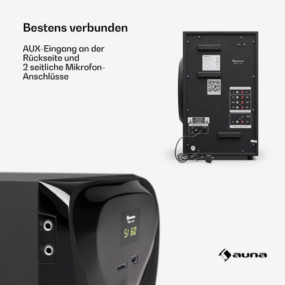 auna Areal 825 5.1 wireless sound system with Bluetooth, 100W subwoofer, and RGB lighting - USB/SD ports, AUX and optical input, home theater speakers with remote control.