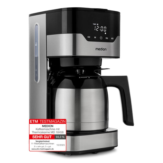MEDION coffee machine with thermal carafe and timer (filter machine, 8 cups, 1.2 liters, 900 watts, 3 levels, keep warm function, timer clock, anti-drip, display, stainless steel) MD18458.