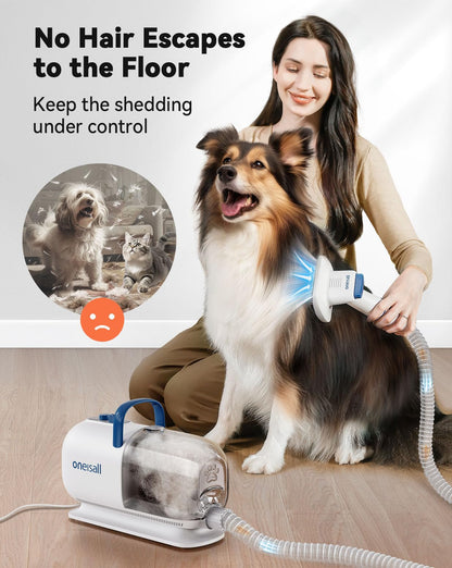 oneisall dog grooming clipper with vacuum dryer, 2.5L dust bin, 7 levels of blowing temperature, quiet clipper for dogs and cats, suction power 15000Pa, professional pet grooming kit with 8 grooming tools