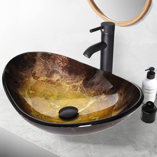 ARTETHYS glass basin, oval hand wash bowl with faucet set, countertop basin for bathroom guest WC, modern gold.