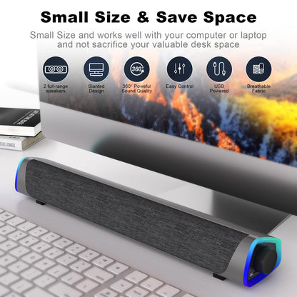 SOULION R30 computer speakers, USB-powered small PC speakers, color-changing LED light with switch button, surround sound portable computer sound bar speaker for desktop laptop.