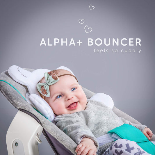 hauck 2in1 Babywippe & Newborn Attachment for Alpha+ & Beta+ Wooden High Chairs. Alpha Bouncer 2in1, for babies from birth up to 9kg, with 3-point harness, teddy insert, and rocking frame (Hearts Grey)