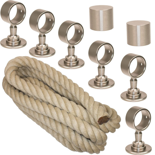 30mm handrail rope set - includes 2 end caps, 6 nickel-plated rope supports, and 6m of natural "Nature Touch" handrail rope