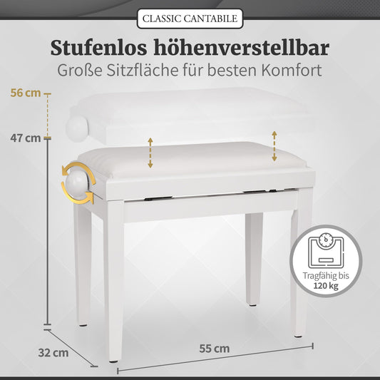 Classic Cantabile Piano Bench White High Gloss - Adjustable height from 47-56cm - Piano stool with spindle mechanism - Piano bench seat 55 x 32cm - White piano chair with velour cover, stable
