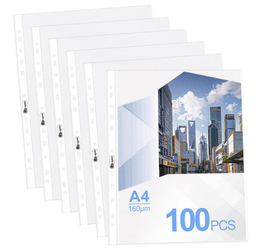 100 A4 clear plastic sleeves, stable and transparent, embossed, 160 microns. A4 document sleeves for storing papers, photos, and documents.
