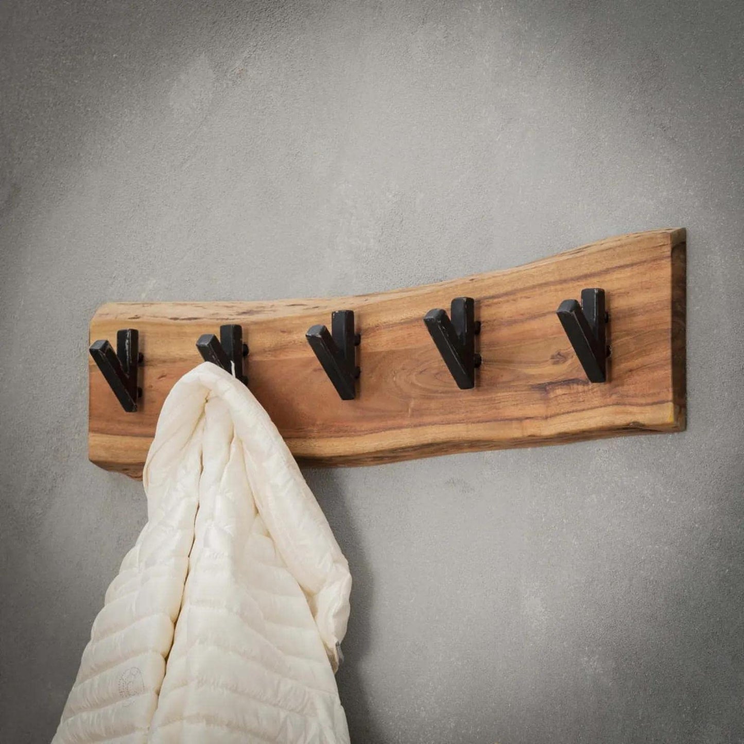 RINGO-Living wall coat rack 60cm - Slim clothing rack with 5 hooks for your jackets, coats, & scarves - Vintage clothes rack made of solid natural wood - Rustic wall shelf for the hallway