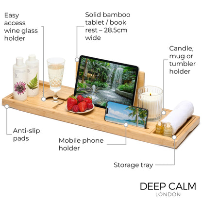 Deep Calm Bathtub Tray - Adjustable Bamboo Bathtub Caddy - Non-Slip Bathtub Shelf Fits Most Tubs - Holds Book, iPad, Phone, Glass, Candle (Natural)