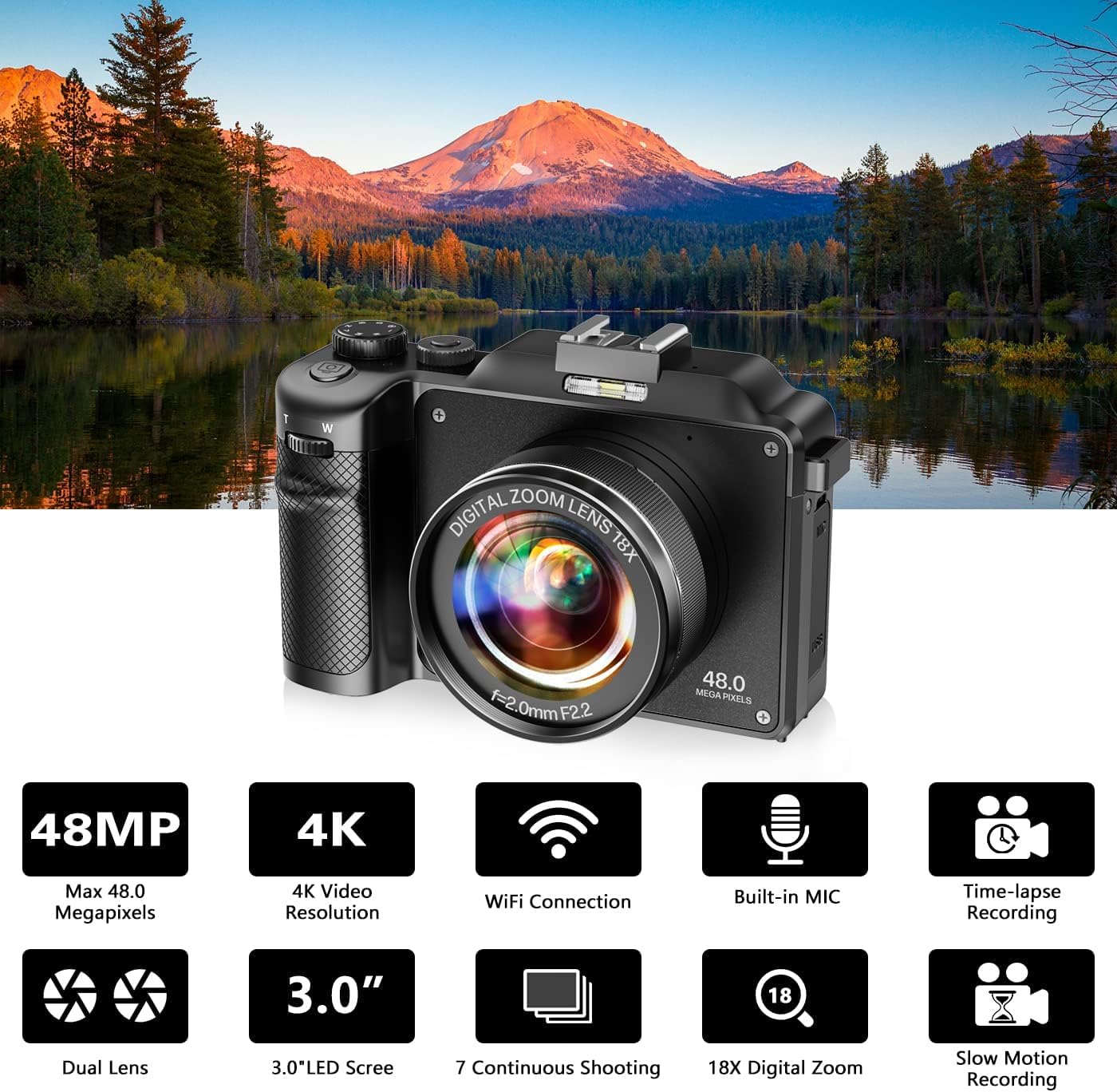 Digital Camera 4K 48MP Compact Digital Camera for Photography, Vlogging Camera with free 32GB SD card, 18X digital zoom, dual-lens selfie function.