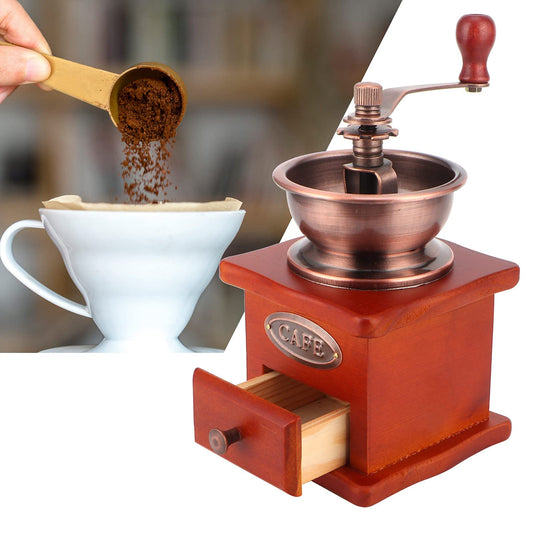 Manual coffee grinder, wooden hand mill with hand crank, coffee bean grinder, brown retro coffee grinder for drip coffee, French press.
