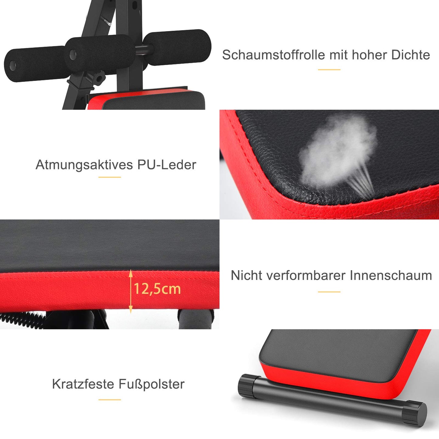 COSTWAY Foldable Sit Up Bench, 5 levels adjustable training bench with monitor, incline bench, home trainer up to 150kg load capacity for sit-ups and leg lifts (Red)