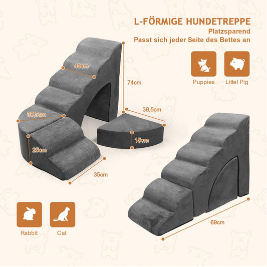 LitaiL Dog Stairs 74cm Tall for Boxspring Bed, Adjustable to Fit Each Side of Bed End, Multi-purpose Dog Ramp for Bed | Couch | Sofa, Non-slip Pet Stairs made of Foam for Dogs, Cats (Gray)