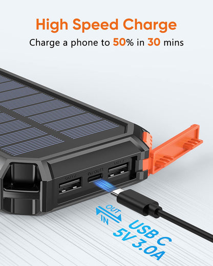 Hiluckey Wireless Solar Power Bank 26800mAh is a waterproof solar charger with USB C port and 4 outputs. It is perfect for charging smartphones, tablets, and more.