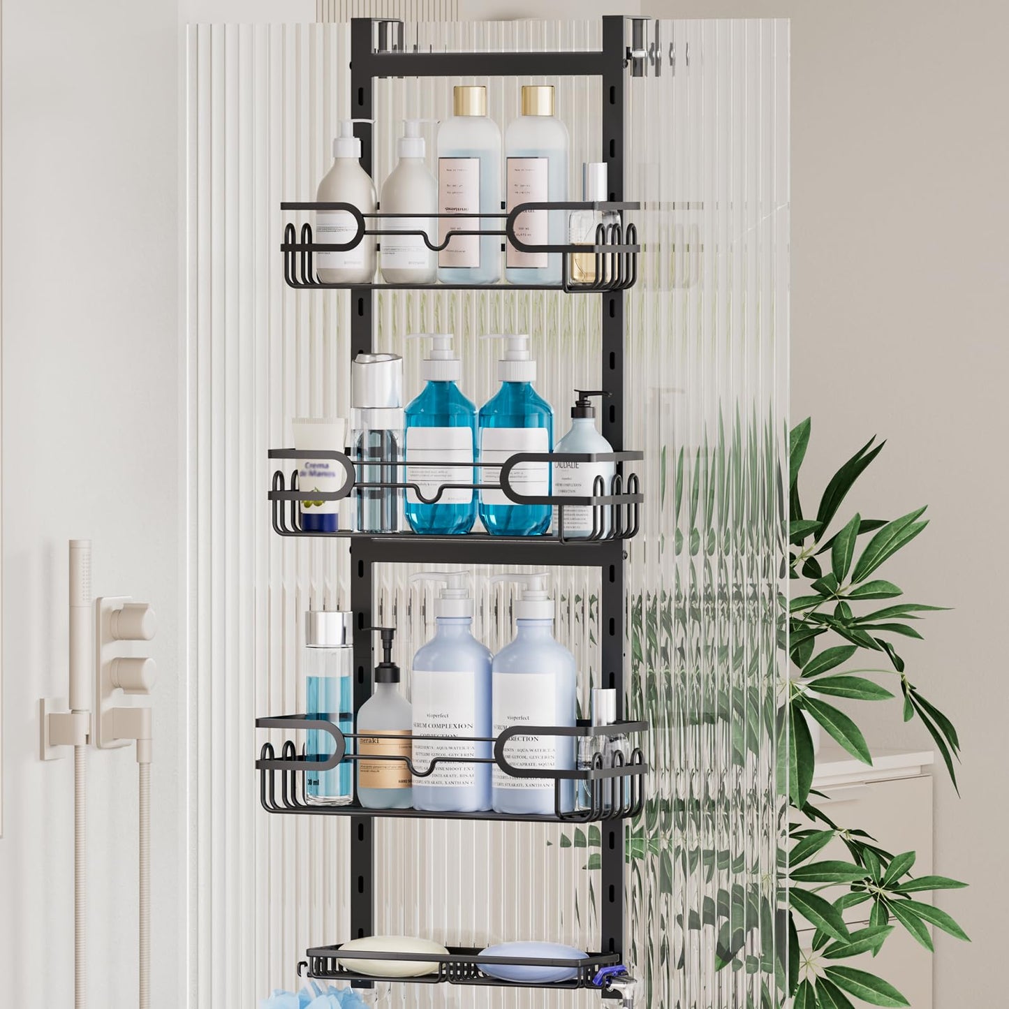 HapiRm Hanging Shower Caddy - Adjustable Hanging Shower Organizer with 4 Shower Baskets, Soap Dish, and Hooks, Over-the-Door Bathroom Shower Caddy
