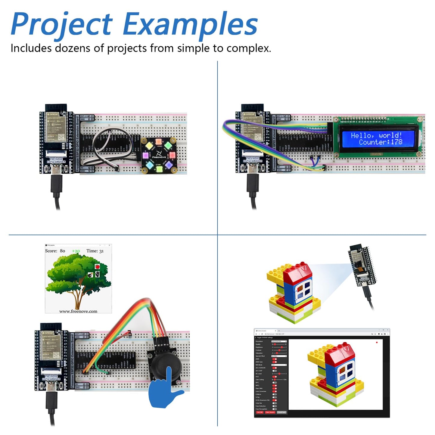 Freenove's ESP32 CAM Ultimate Starter Kit includes a dual-core 32-bit 240 MHz microcontroller, onboard wireless camera, Python C Java support, 795-page detailed tutorial, 240 items, and 122 projects.
