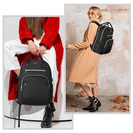 YAMTION 17.3 Inch Black Backpack for Women, School Backpack for Girls Teenagers with USB and Laptop Compartment for School University Office Work City