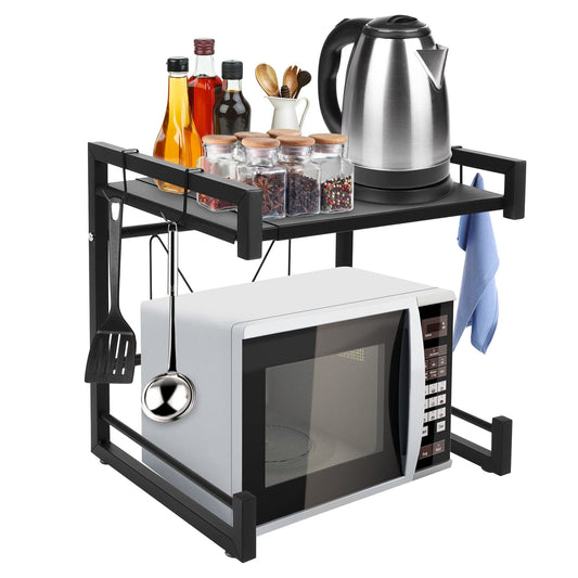 Microwave shelves, stainless steel kitchen shelf, retractable microwave rack, multifunctional microwave holder, kitchen storage organizer, microwave stand with 4 storage hooks, black.