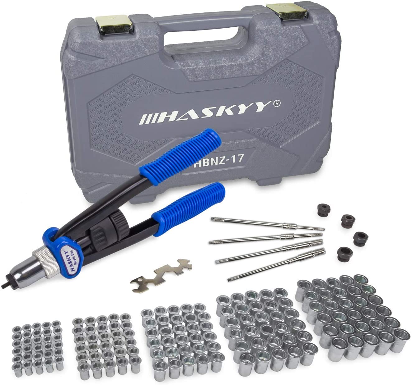 Professional rivet nut tool set includes rivet nut gun and 150 steel rivet nuts in M5 M6 M8 M10 M12 sizes, 30 pieces each.