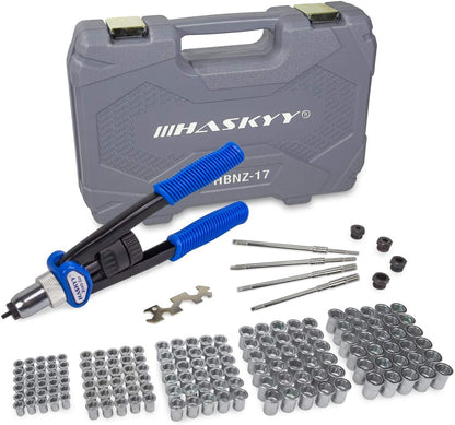 Professional rivet nut tool set includes rivet nut gun and 150 steel rivet nuts in M5 M6 M8 M10 M12 sizes, 30 pieces each.