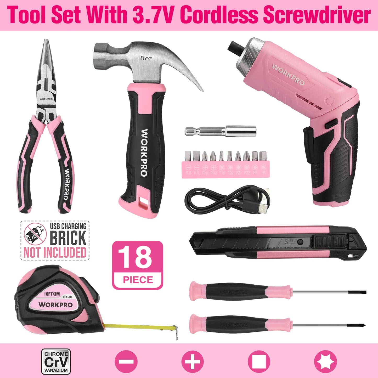 WORKPRO 18-piece pink tool set with USB C cordless screwdriver, small pink toolbox filled with household essentials, tool kit for DIY enthusiasts, children, crafting.