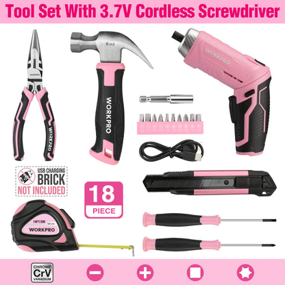 WORKPRO 18-piece pink tool set with USB C cordless screwdriver, small pink toolbox filled with household essentials, tool kit for DIY enthusiasts, children, crafting.