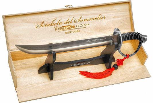 YesEatIs - Champagne saber for Sommelier with wooden display case - steel handle - 2 decorative bands included