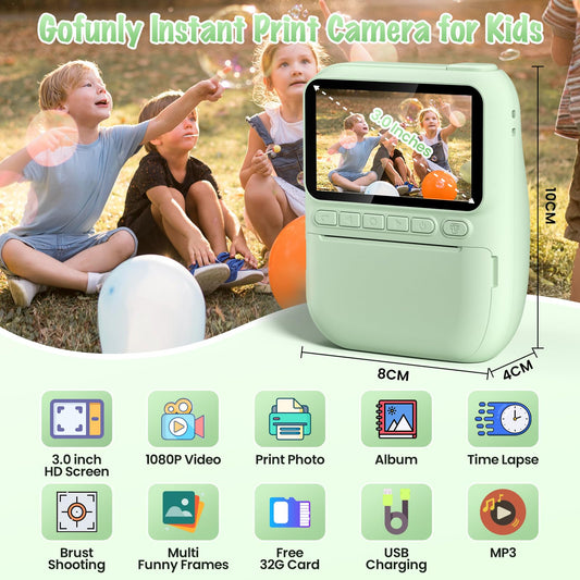 Gofunly instant camera for kids, 3.0 inch screen children's camera with 32GB card & printing paper, 14MP/1080P kids instant print camera, gift for 3-12 years old (Green)